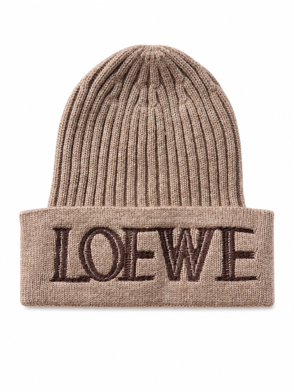 Loewe Taupe Ribbed Logo Cuffed Beanie